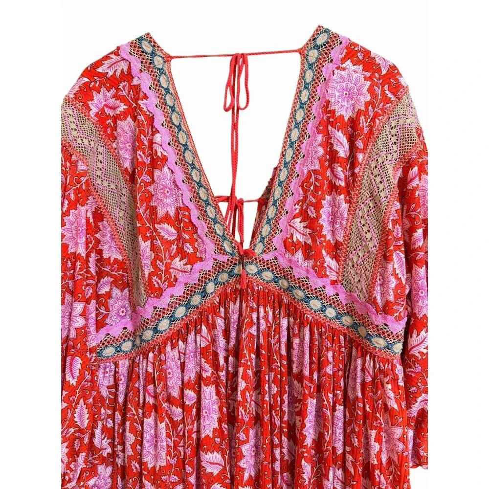 Free People Moon Child Red and Pink Boho Tunic Dress Women’s Size Large